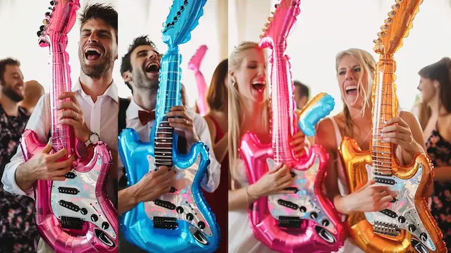 Wedding guests posing with Inflatable Guitars