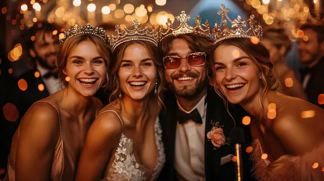 Wedding guests posing with Royal Crowns and Scepters