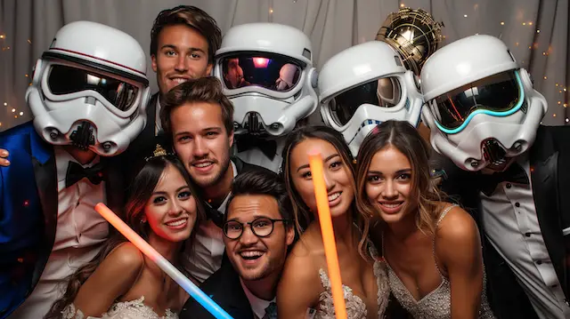 Wedding guests posing with Sci-Fi Gadgets