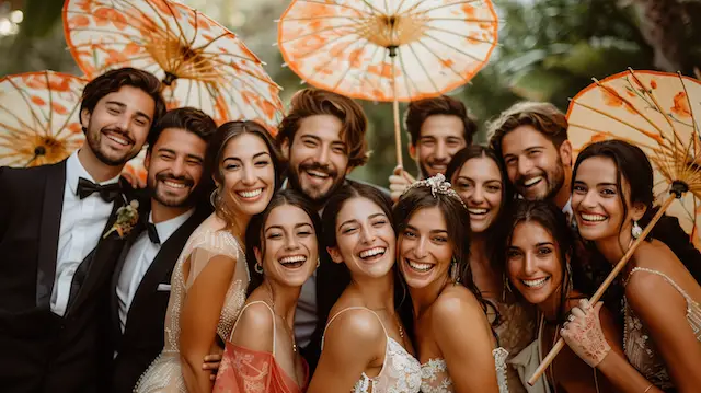 Wedding guests posing with Vintage Parasols