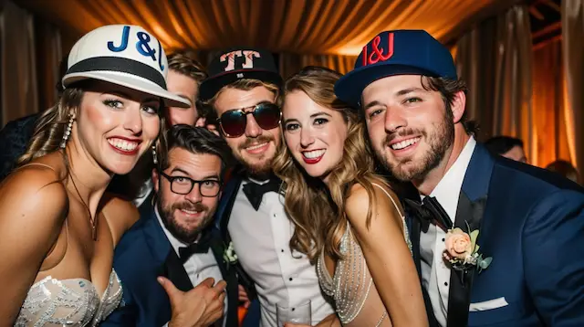 Wedding guests posing with baseball caps