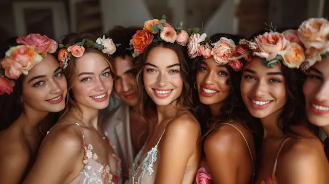 Wedding guests posing with flower crowns