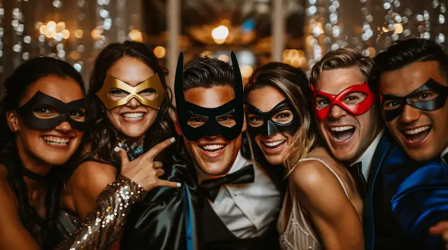 Wedding guests posing with superhero capes and masks