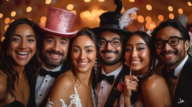 Wedding guests posing with with magicians hats and wand