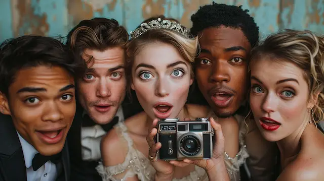 Wedding guests posing with with vintage camera