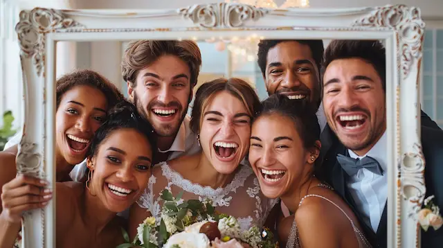 group of wedding guests posing inside a large, custom photo booth frame