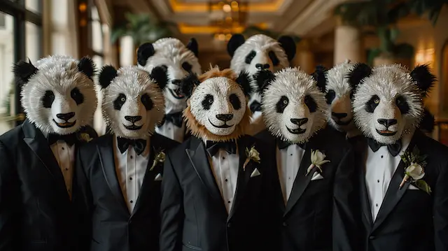 guests posing at a photo booth with animal masks