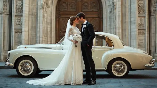 Bride and Groom Posing Besides the Wedding Car