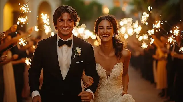 Bride and Groom Running Through Sparklers