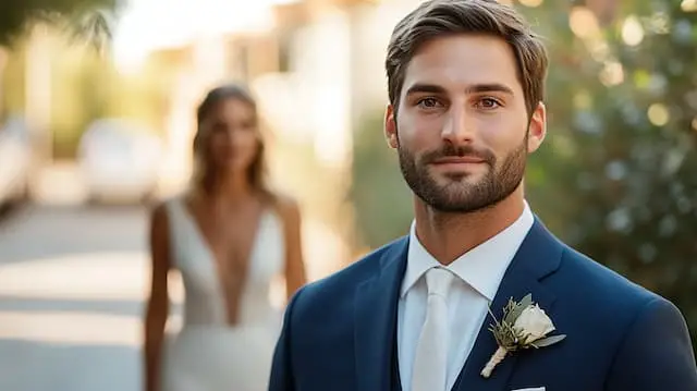 a groom in suit and tie waiting to see his bride