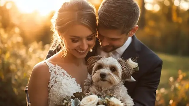 Bride and Groom Posing with their Dog