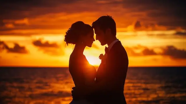 Sunset Embrace by Bride and Groom