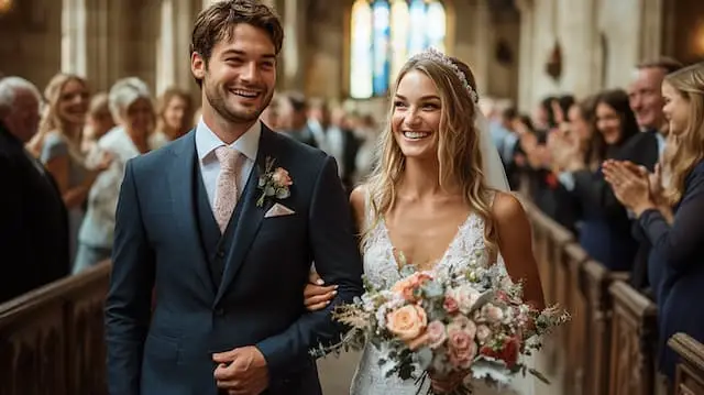 Bride and Groom Walking Down the Aisle Together