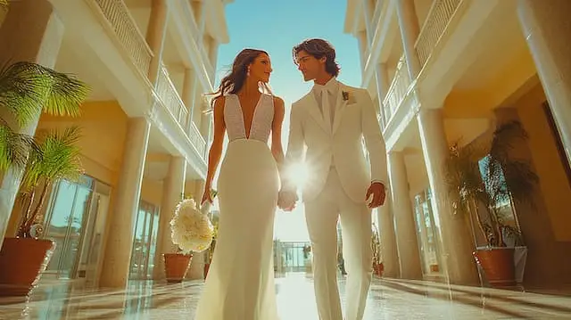 Bride and Groom Walking Hand in Hand