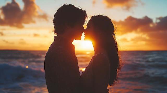 romantic silhouette of couple kissing at beach