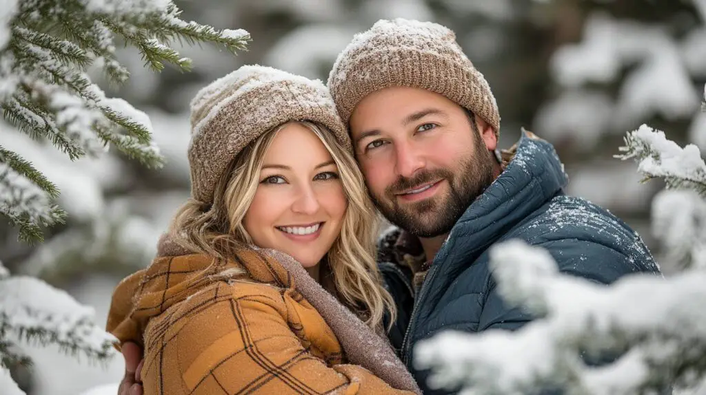 Couple doing engagement Photo with Pine Tree Frame