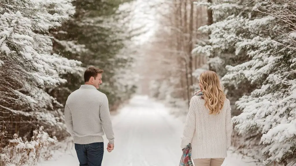 Couple walking in Snow-Covered Forest