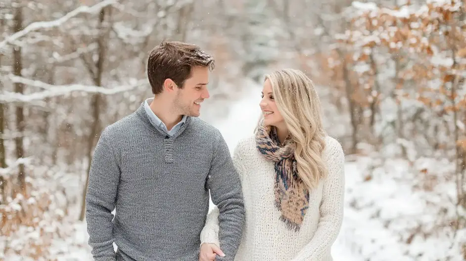 Newly Engaged Couple in Snow-Covered Forest