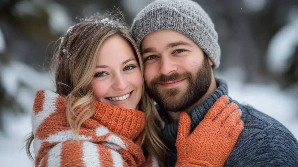 Winter Engagement Photo with Scarves and Mittens Close-Up