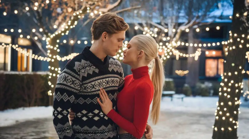 couple taking pictures with Twinkling Holiday Lights