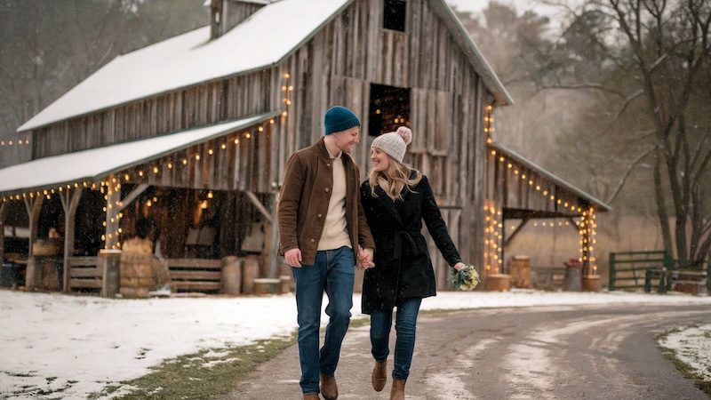 close up of a newly engaged couple a serene winter