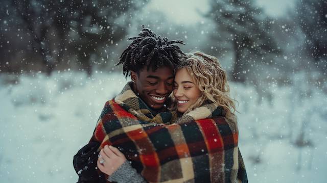 couple taking photo in Plaid Blanket