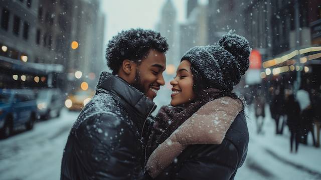 couple taking photo in Snowy Cityscape