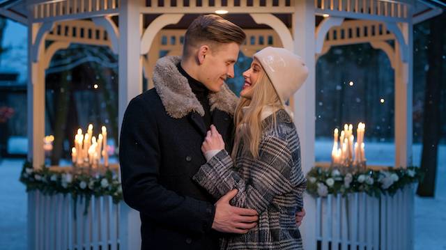 couple taking photo in front of Candlelit Gazebo