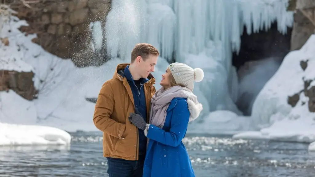 couple taking photo in front of Frozen Waterfall