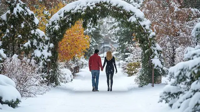 couple taking photo under Evergreen Arch (1)