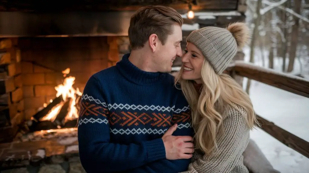 newly engaged couple Cozy Cabin Backdrop