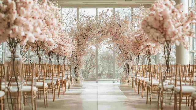 a wedding aisle with chairs and trees