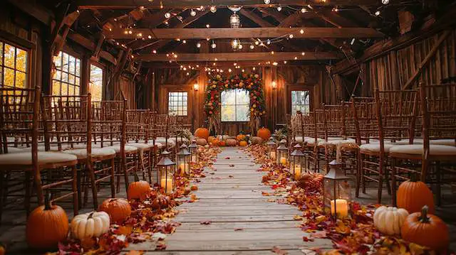 a aisle with pumpkins and leaves on it Autumn Leaves