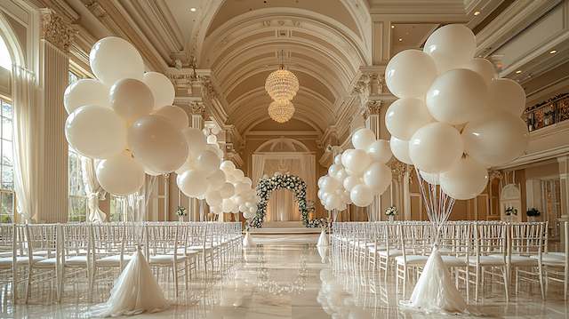 a room set for wedding ceremony with white chairs and balloons