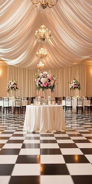 Black and white checkered dance floor gives a 1950s feel