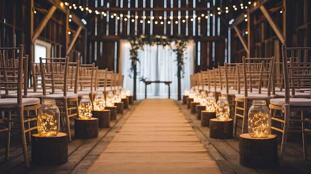 a aisle with chairs and lights Burlap Runner