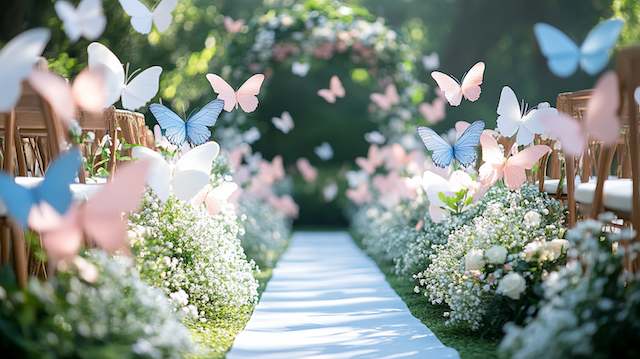 a white path with pink and blue butterflies Butterfly