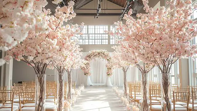 a wedding aisle with white chairs and pink trees Cherry Blossoms