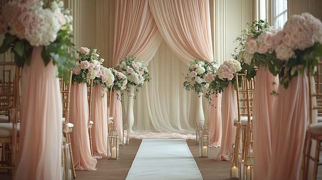 a wedding aisle with pink and white flowers Chiffon Drapery