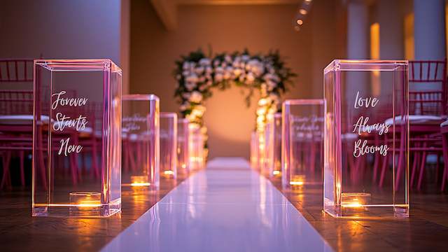 a row of pink candles on a white carpet Clear Acrylic Signs