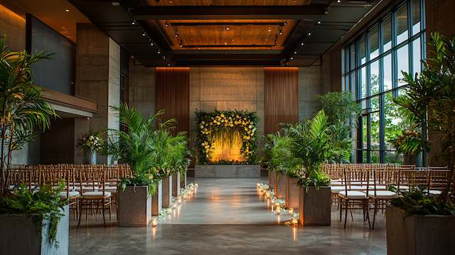 a room with chairs and a stage with flowers and candles Concrete Planters