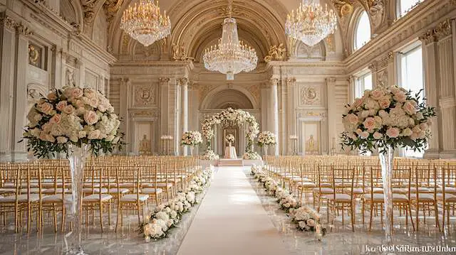 a wedding ceremony with chairs and chandeliers Crystal Chandeliers