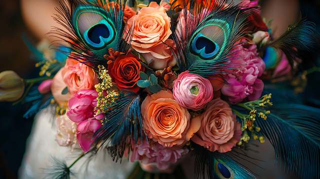 Feather and Floral Mix Bridal Bouquet