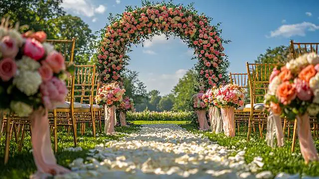 a wedding ceremony with chairs and flowers Floral Arch