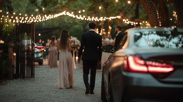 Guests arriving at backyard nigh wedding reception