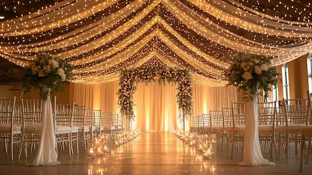 a wedding aisle with lights and chairs Hanging Lights