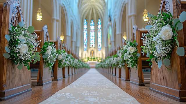 a church aisle with flowers Hanging Wreaths