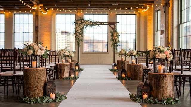 a aisle with chairs and candles Log Stumps