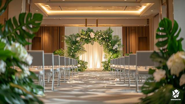 a wedding ceremony with chairs and flowers Lush Greenery