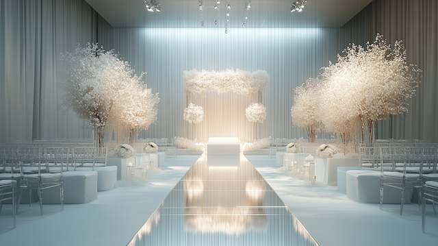 a white room with a rectangular box and white tables Mirrored Aisle